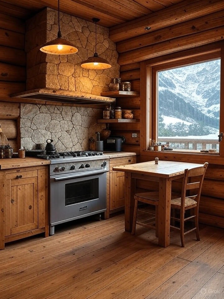 Mountain kitchen with stone walls, wooden cabinets, and a window view of snowy mountains