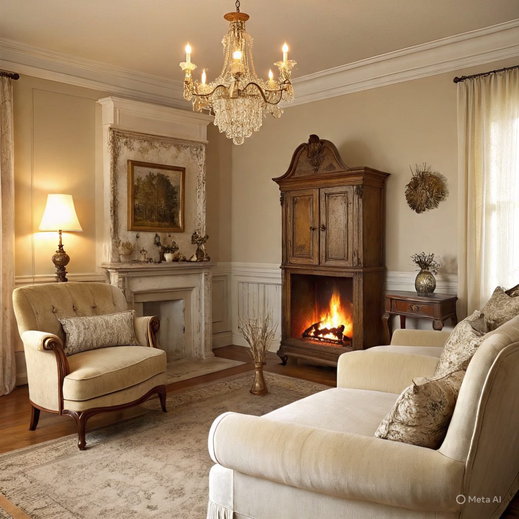 A cozy living room with a fireplace, a chandelier, and plush armchairs.