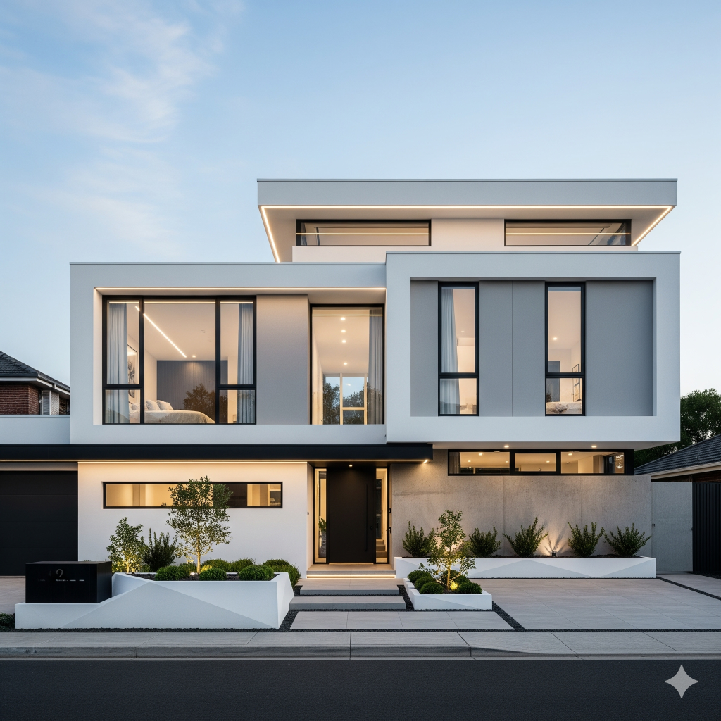 Modern, multi-story house with large windows and clean lines, featuring a well-lit entrance and landscaped front yard — a perfect example of contemporary front elevation ideas.