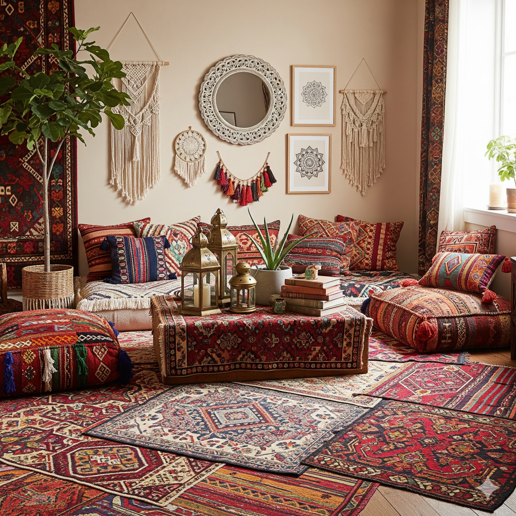 Cozy bohemian living room design with layered rugs, plants, and traditional seating arrangement