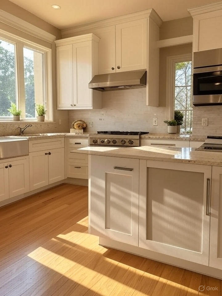 A bright kitchen with white cabinets, a stainless steel range hood over a stove, and large windows.