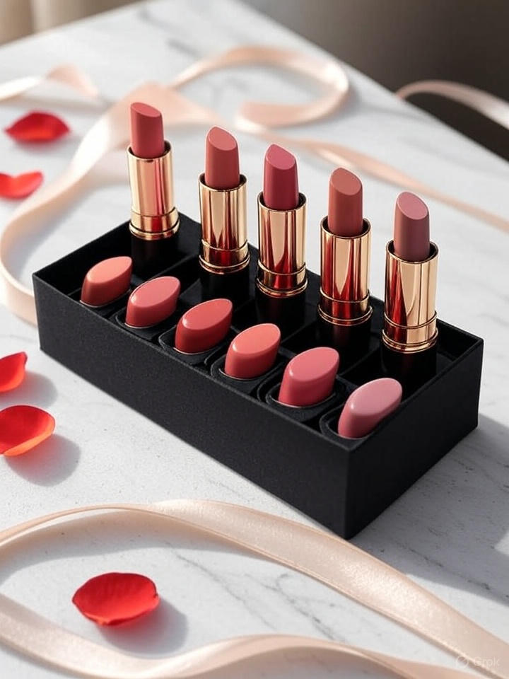 Women gift ideas featuring pink and nude lipstick sets arranged in a black tray