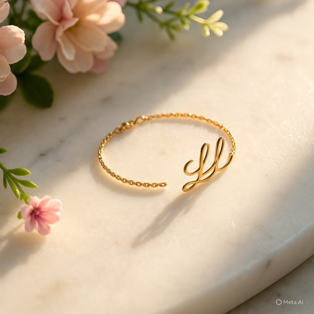Trending Gift Items featuring a gold-colored chain bracelet with a personalized initial charm on a marble surface with soft floral background.