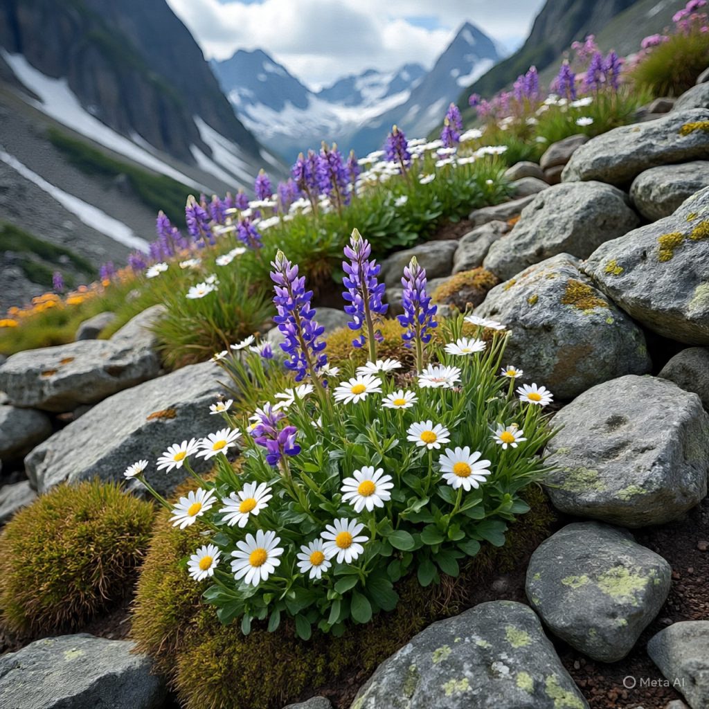 Mountain garden ideas featuring alpine rock garden with native flowers and stone