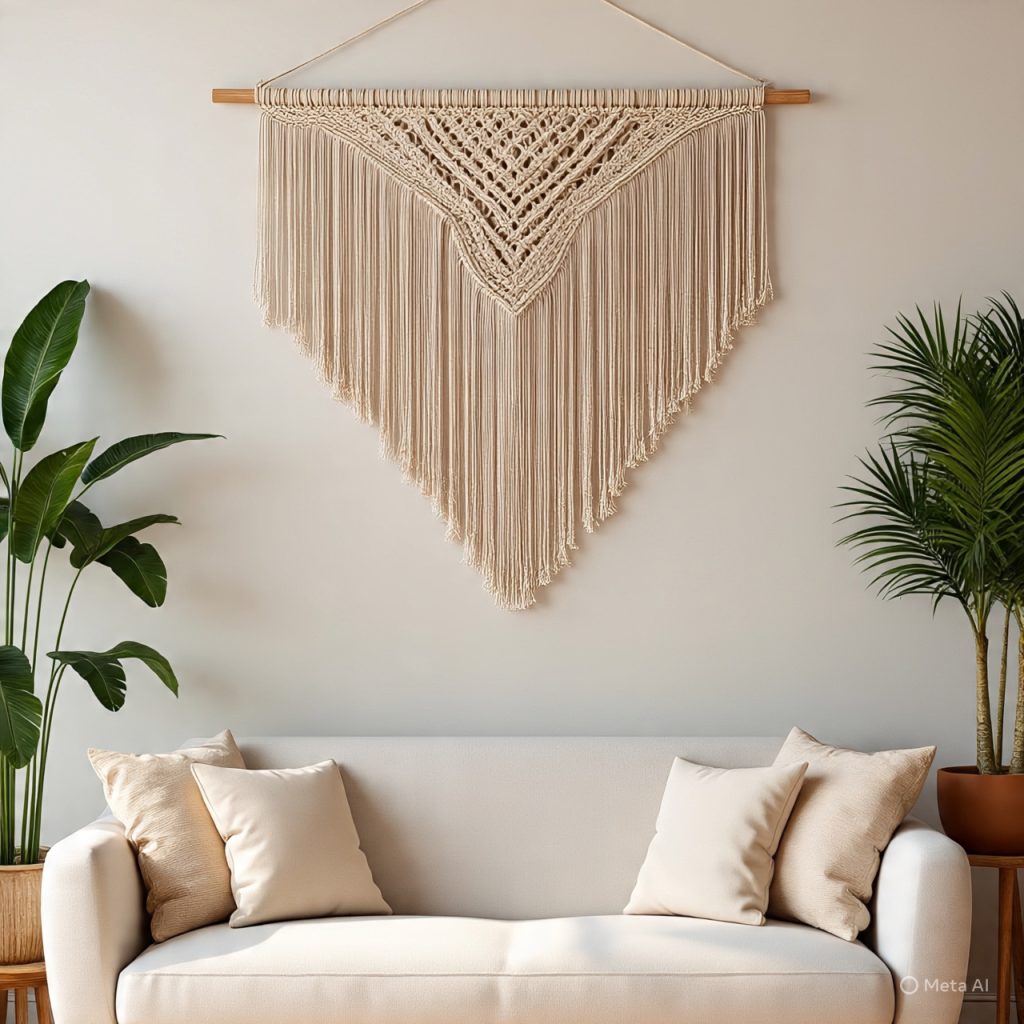Bohemian Macramé wall hanging ideas featuring a geometric macramé design made from natural cotton cord, displayed above a light-colored sofa with indoor plants