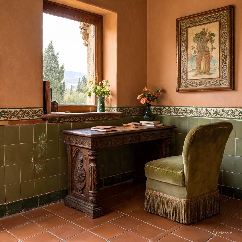 Spanish home office featuring an ornate wooden desk, green velvet chair, patterned tiled walls, and a window overlooking lush greenery