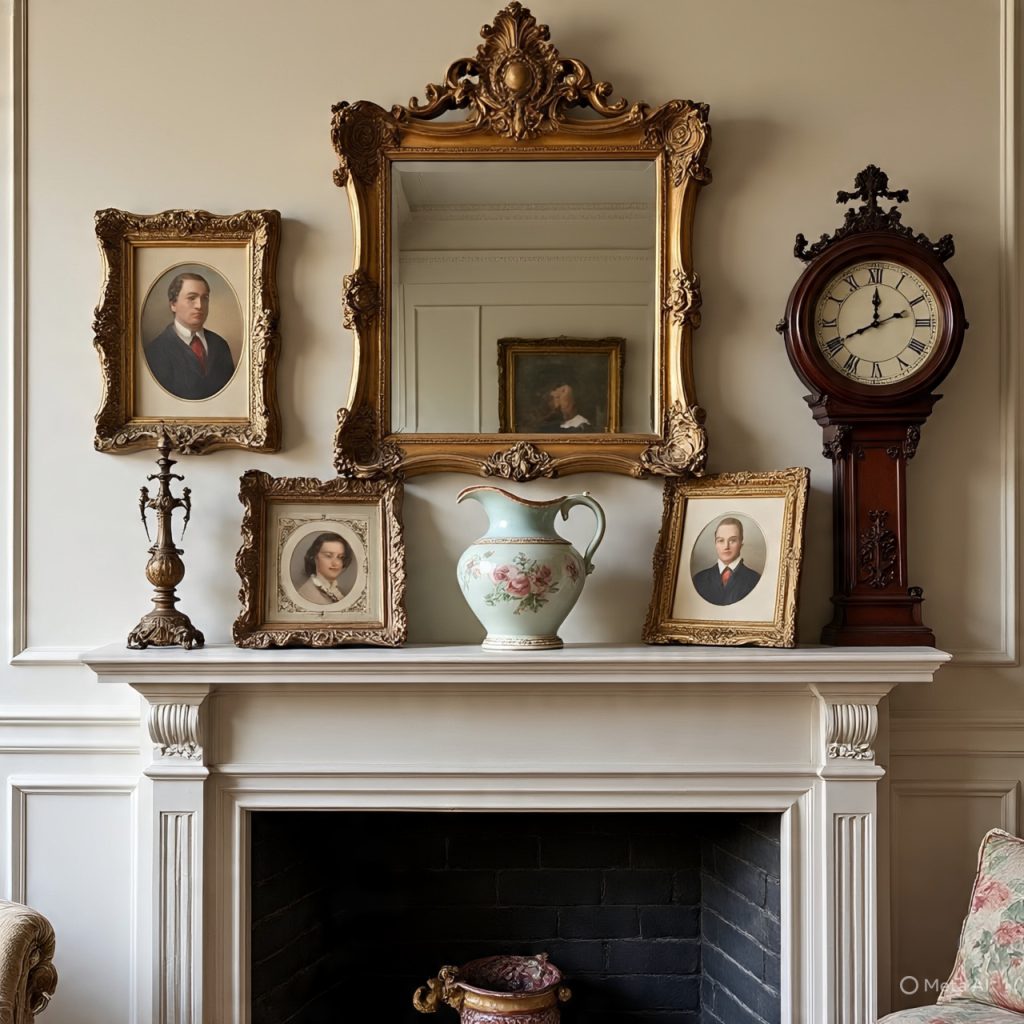 A collection of French-inspired accessories, including framed portraits, a large ornate mirror, a grandfather clock, and a floral pitcher, displayed on a mantelpiece. 