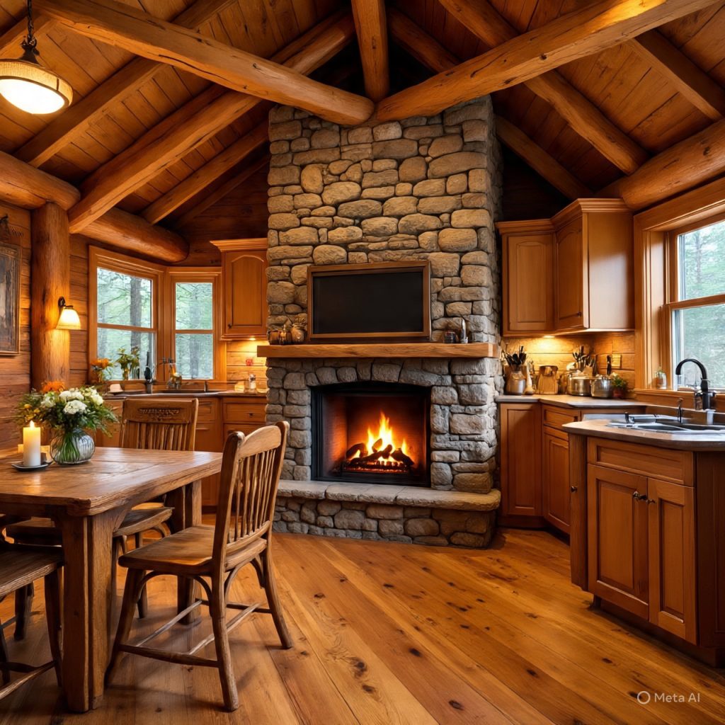 Rustic log cabin kitchen with a stone fireplace and wooden cabinetry.