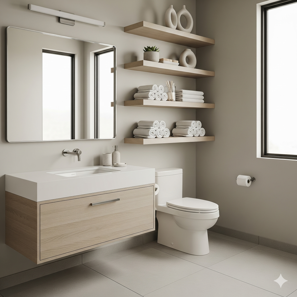 Bathroom interior featuring open shelving for towels and concealed vanity storage