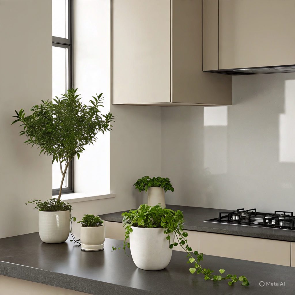 A modern kitchen counter with several potted plants, including a small tree and trailing vines, next to a stovetop and light-colored cabinets.