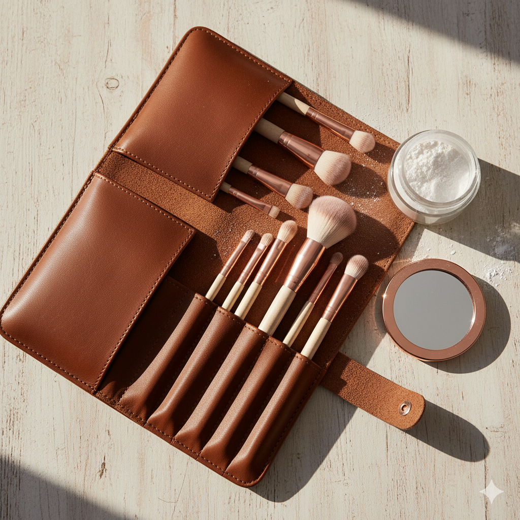 Sixplus x Marilyn 10pcs Makeup Brush Set-Melody in a brown case with powder and mirror. 