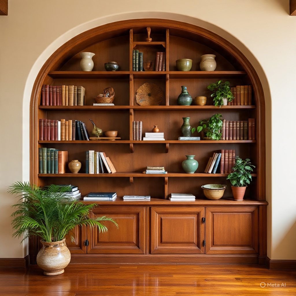 A built-in wooden arched bookshelf filled with books, decorative vases, and potted plants.