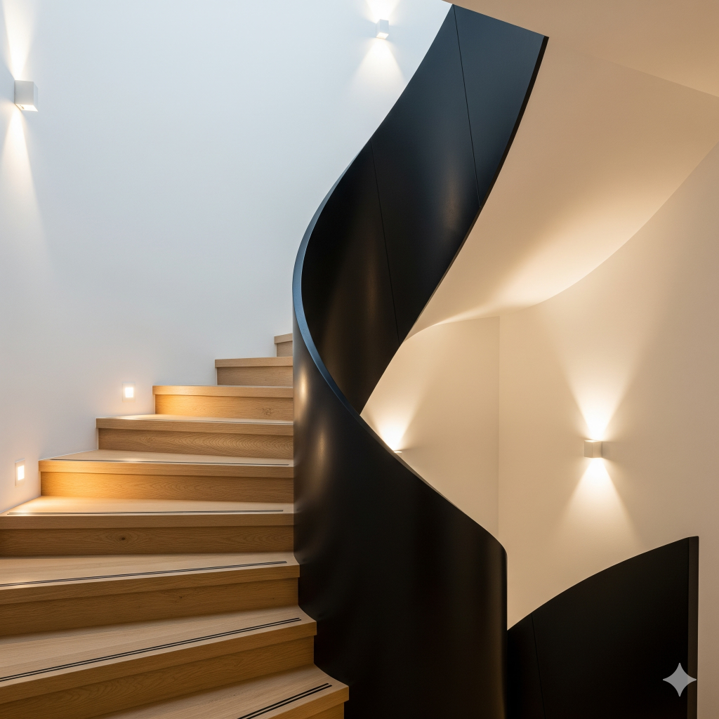 A modern spiral staircase with wooden steps and a dark, curved balustrade, illuminated by wall lights.