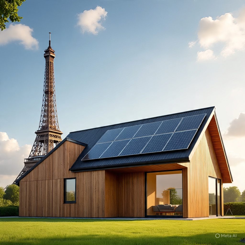 A modern wooden house with solar panels on its roof, set in a grassy field with the Eiffel Tower in the background. 