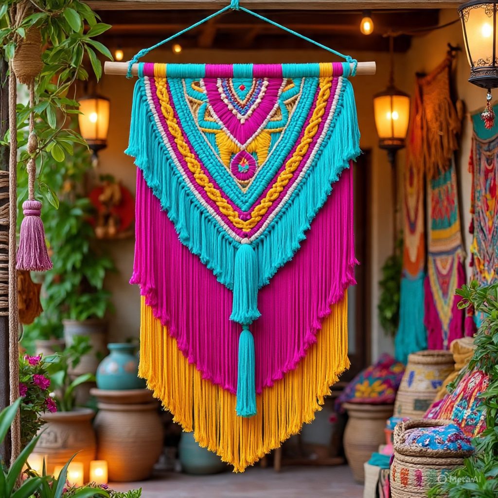 A vibrant, colorful macrame wall hanging with tassels, displayed against a blurred background of bohemian-style decor. 