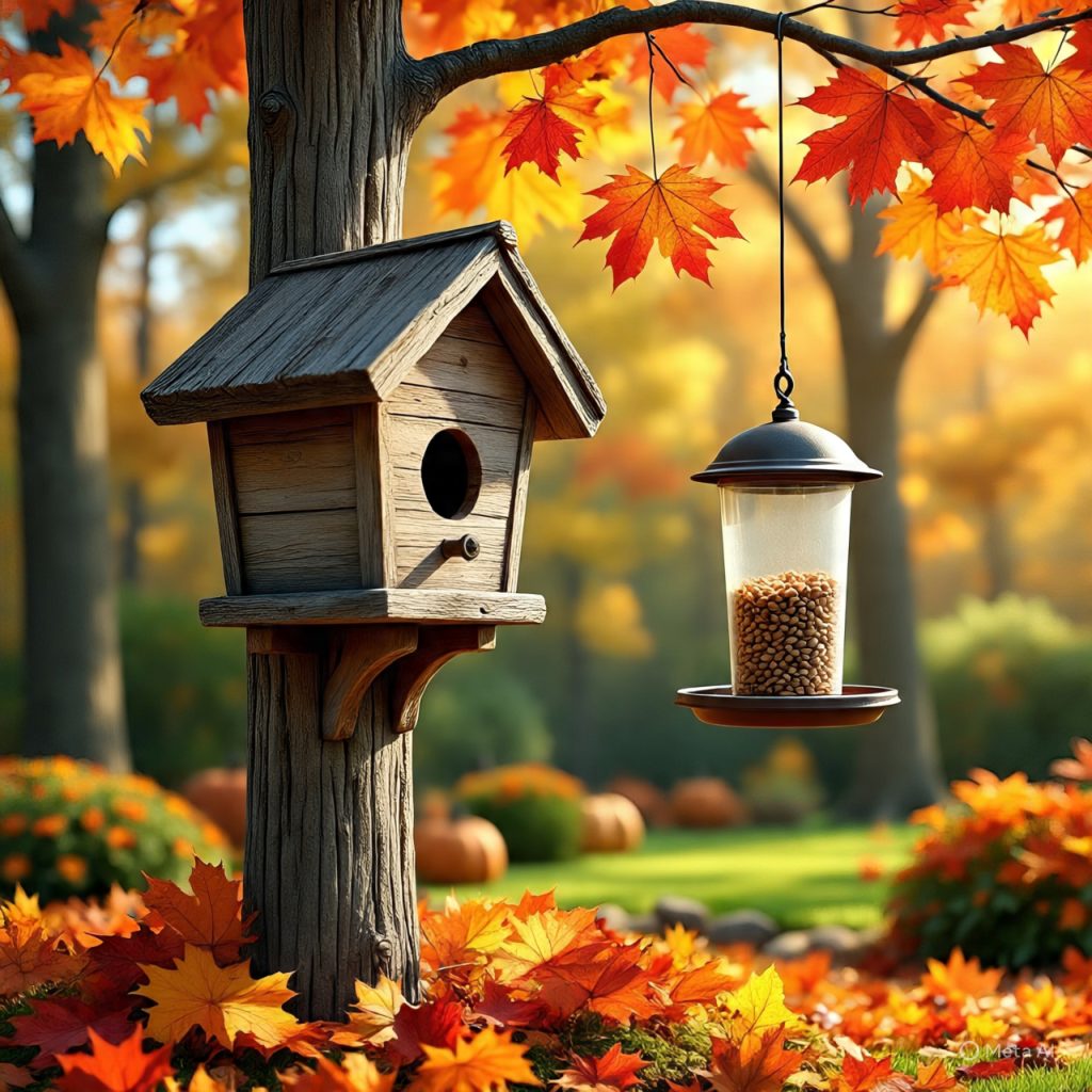 A wooden birdhouse and a bird feeder filled with seeds hanging from a tree branch with autumn leaves in the background. 