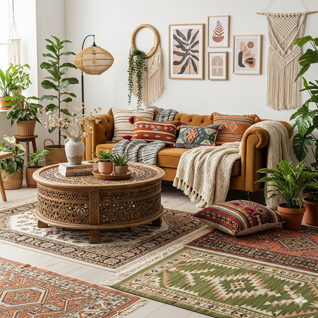 A cozy, bohemian-style living room featuring a mustard yellow tufted sofa with patterned pillows, a carved wooden coffee table, numerous potted plants, and various wall hangings and artwork, creating a warm and inviting atmosphere. 