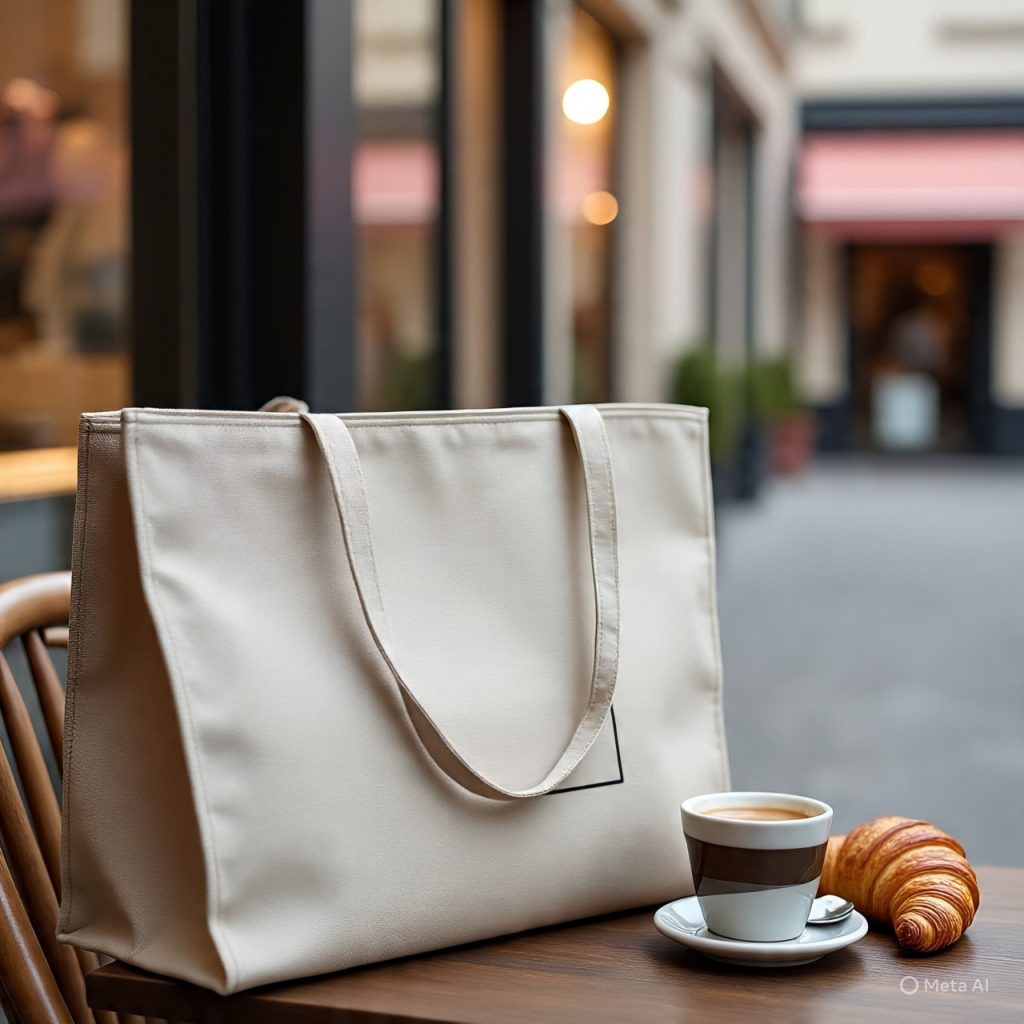 Canvas tote bag with coffee and croissant on a table.
