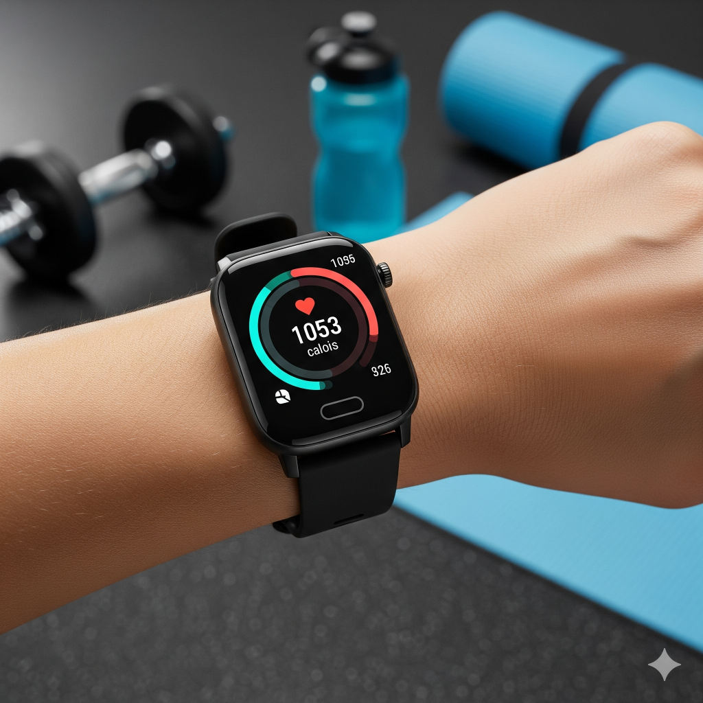 A black smartwatch on a wrist displays heart rate and calorie count, with gym equipment in the background.