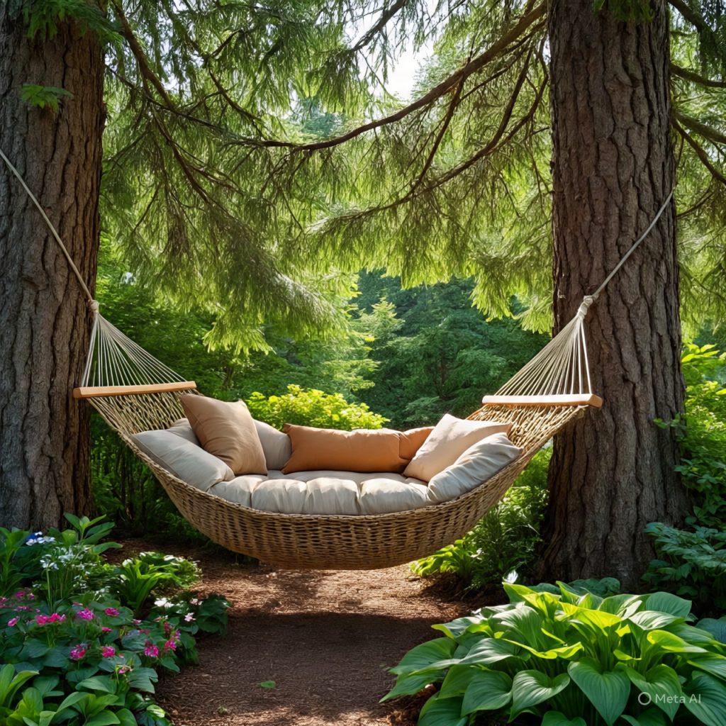 A woven hammock with plush cushions and pillows hanging between two large trees in a lush, green garden.
