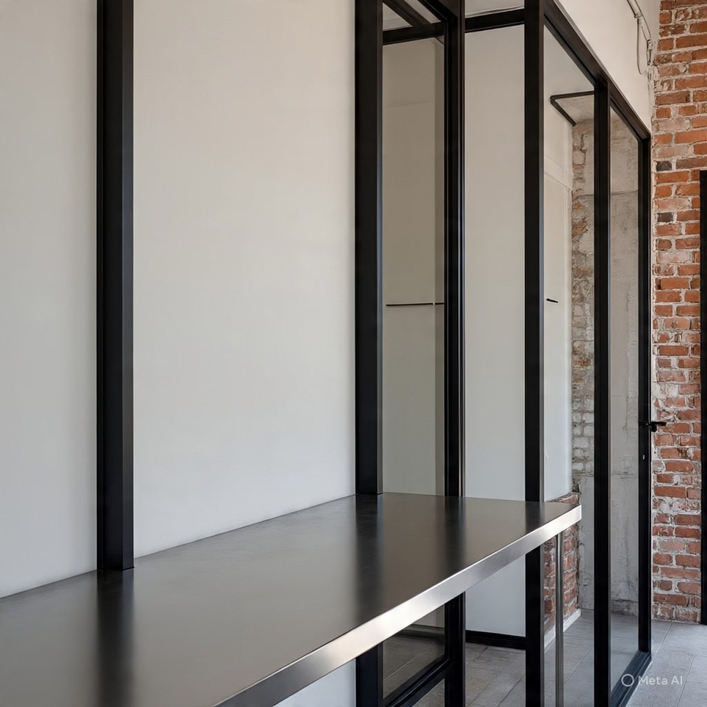 Stylish neutral kitchen with an industrial edge featuring stainless steel counters, black steel frames, exposed brick walls, and a soft beige color palette creating modern contrast