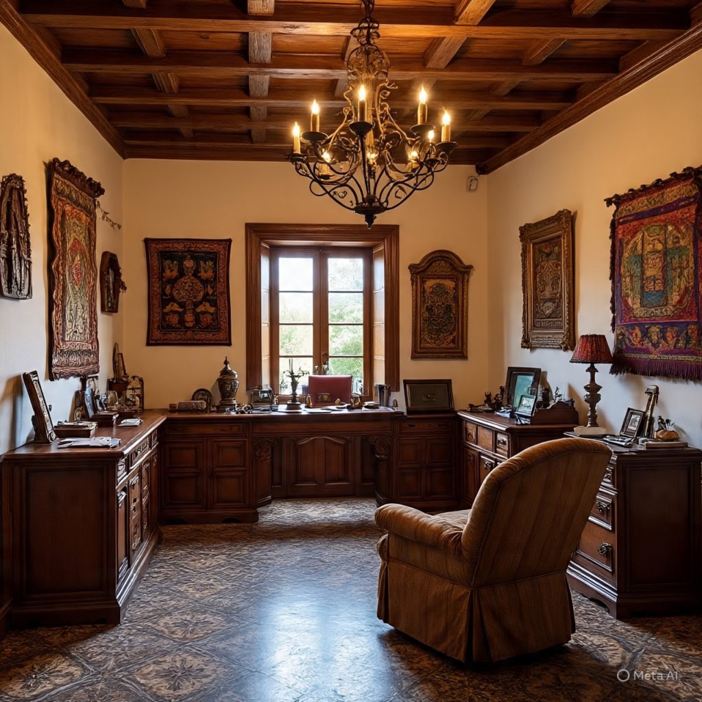 A richly decorated study with a wooden beamed ceiling, a large chandelier, and antique furnishings including a desk, tapestries, and framed artwork. 