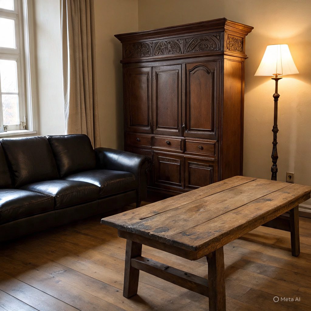 Dark wood armoire, leather sofa, and floor lamp in a room with a window and wooden table.