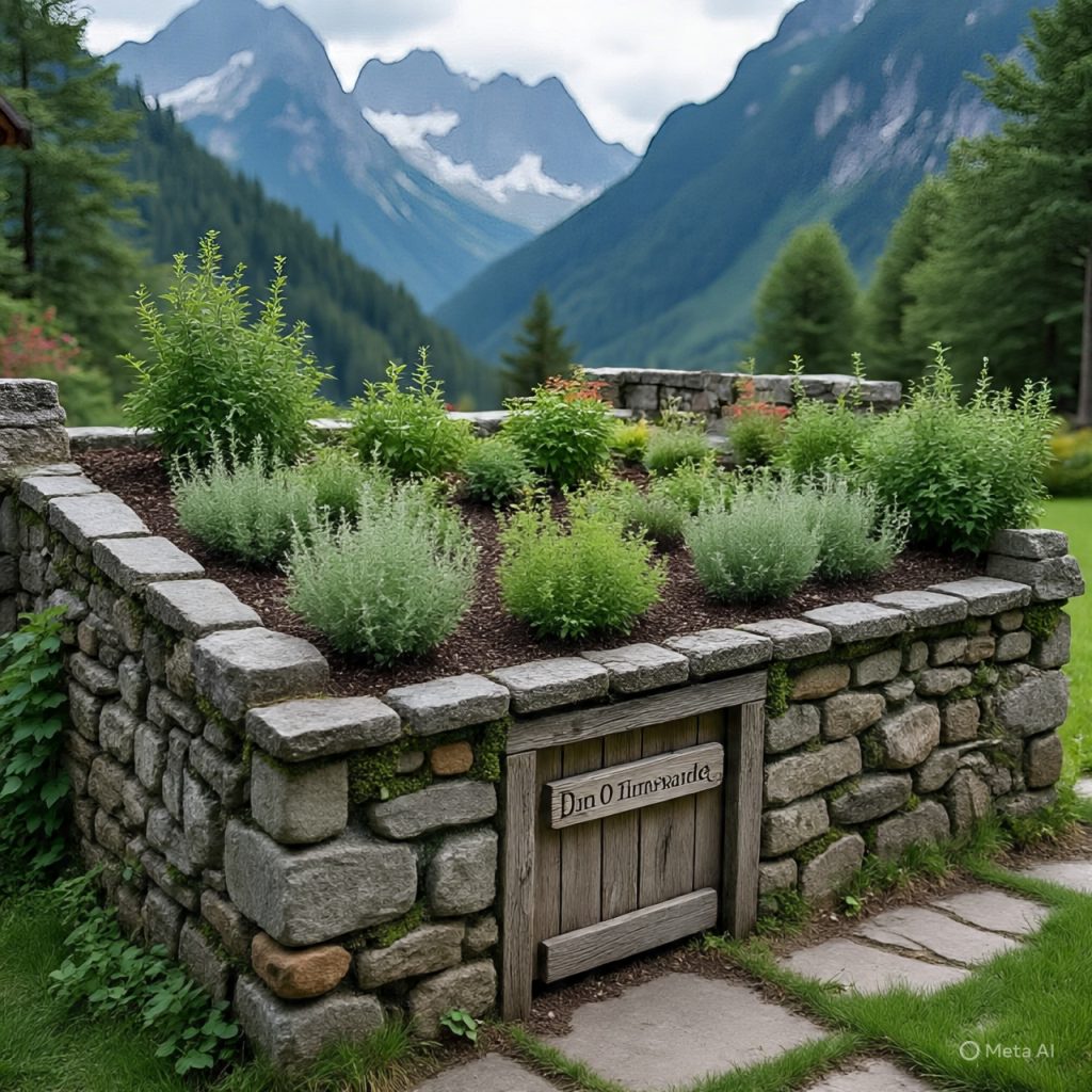 An alpine herb garden with stone walls and a wooden gate, set against a backdrop of majestic mountains and lush trees.