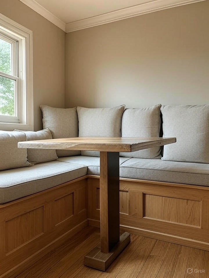 A corner dining nook with built-in wooden seating, light-colored cushions and pillows, and a square wooden table on a central pedestal base.
