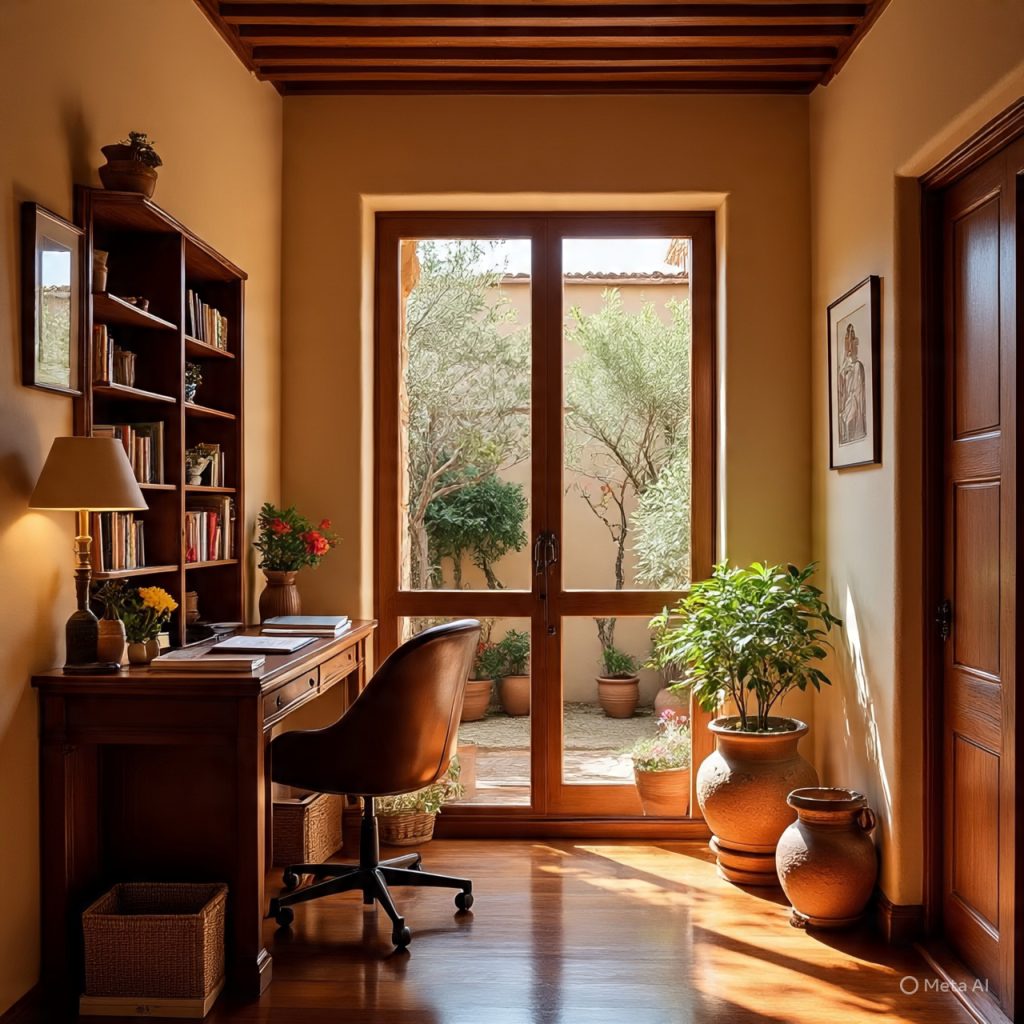 A cozy home office with a wooden desk and bookshelf, facing a glass door that opens to a sunlit patio garden.