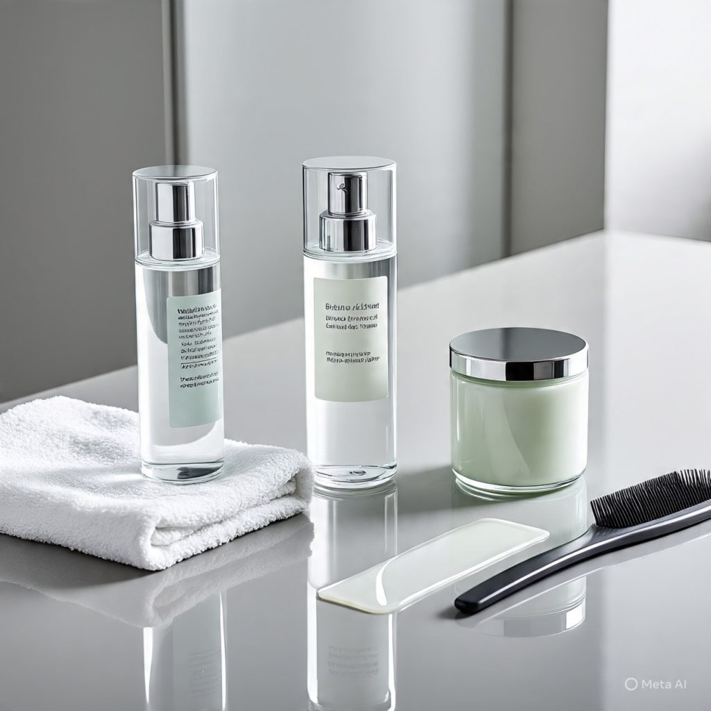 Three Comfort Zone Active Pureness skincare products (two pump bottles and one jar) on a counter with a white towel and a black brush. 