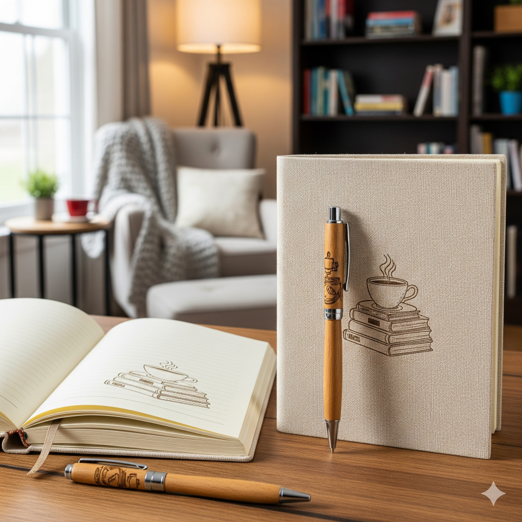 A close-up of a wooden pen resting on a light-colored journal with a coffee cup and stacked books design, in a cozy living room setting.