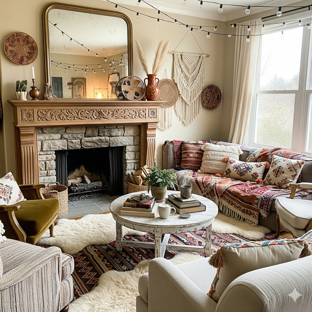 A cozy, bohemian-style living room featuring a stone fireplace, large mirror, patterned textiles, and string lights. 