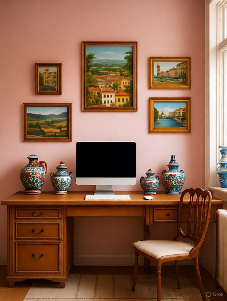 A home office with a computer on a wooden desk, a chair, and decorative vases and framed art on the wall.