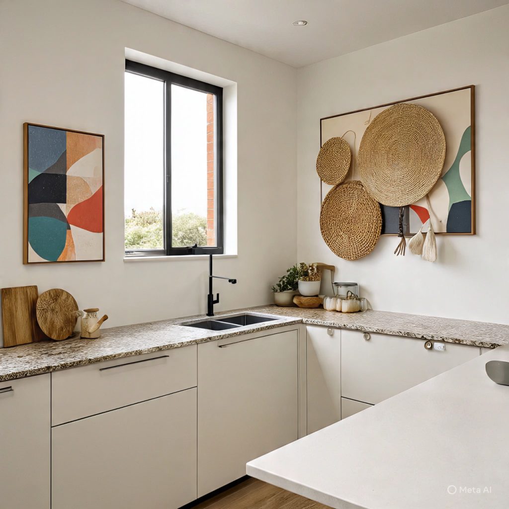 A modern kitchen with light cabinets, granite countertops, a black sink and faucet, and decorative wall art including framed abstract art and woven baskets.