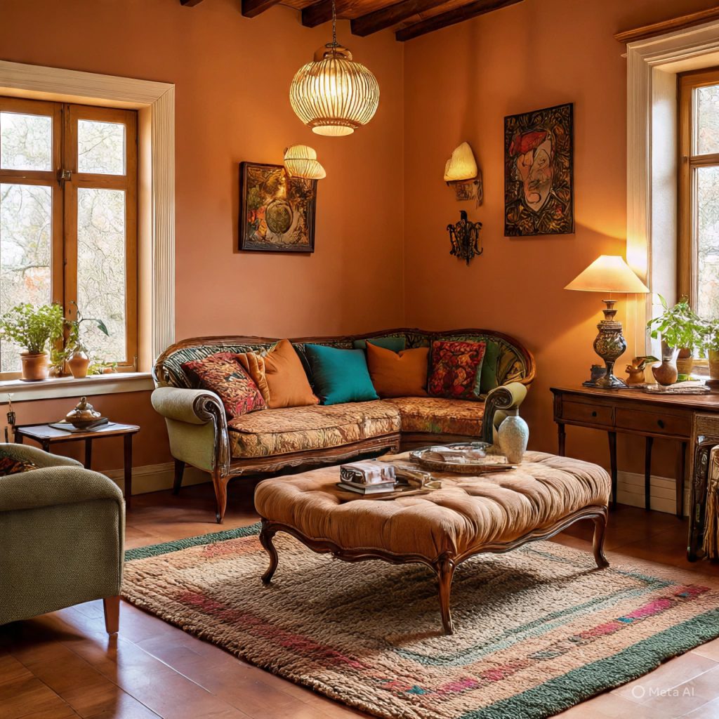 A cozy living room with a patterned sofa, an upholstered ottoman, and warm lighting, featuring artwork and plants.