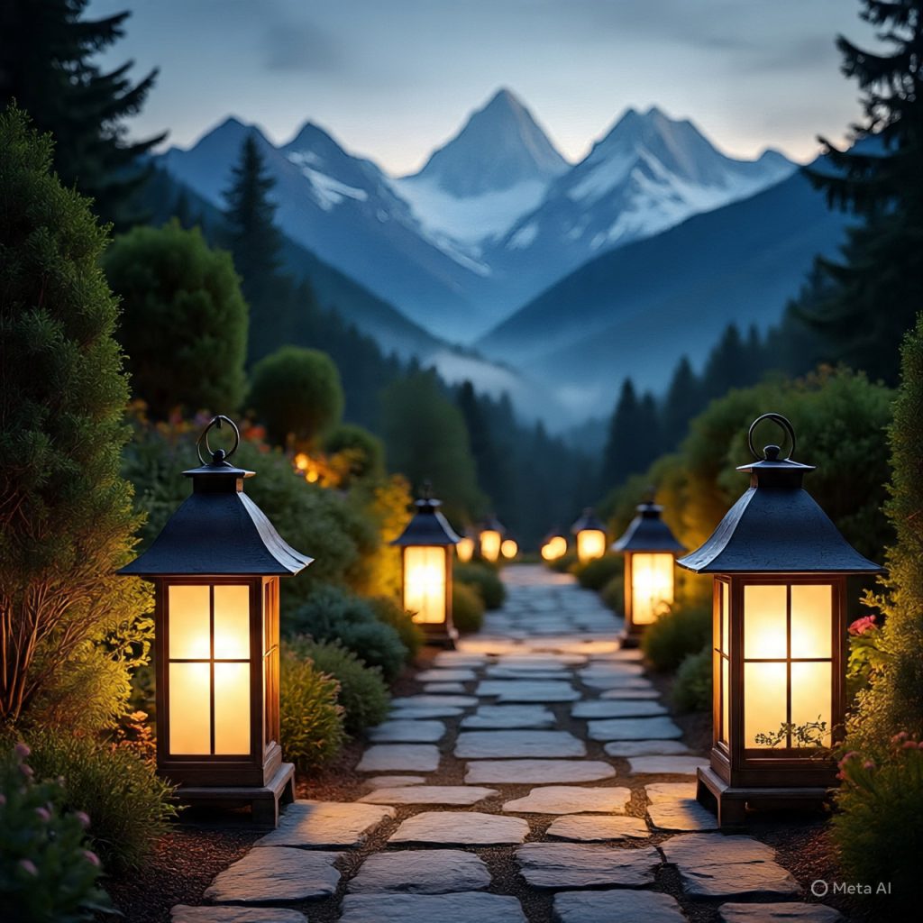 A stone path lined with glowing lanterns leading towards a valley with majestic, snow-capped mountains and a forest under a twilight sky.