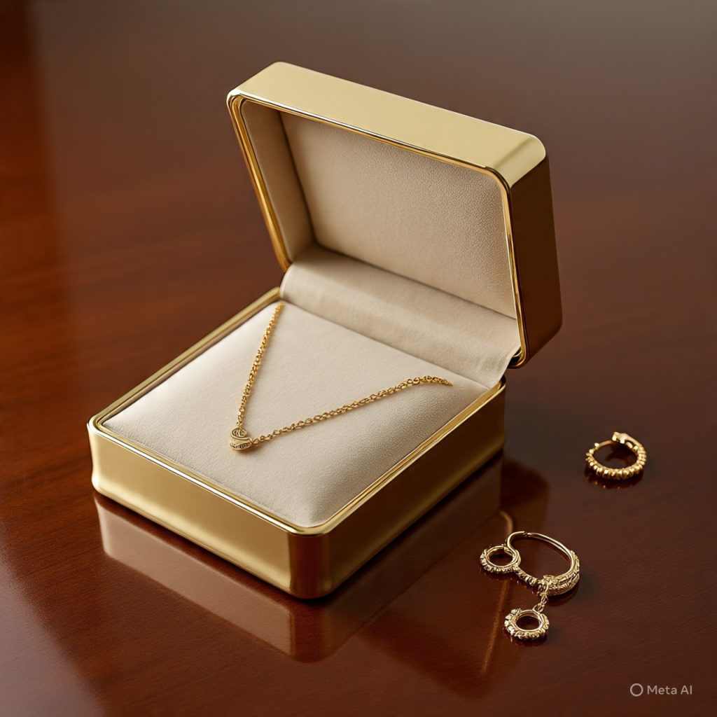 A gold necklace rests inside a gold-colored jewelry box with a cream-colored interior, while two gold earrings are placed on a dark wooden surface beside it.