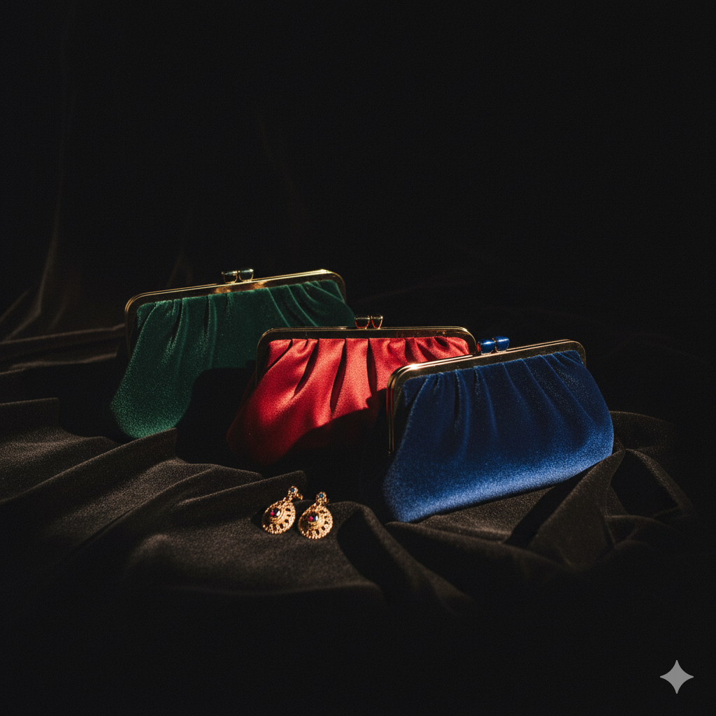 Three velvet clutch purses in green, red, and blue, with gold clasps, alongside a pair of gold earrings, all resting on dark velvet fabric.