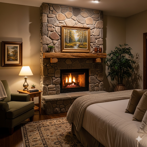 A cozy bedroom featuring a lit stone fireplace, a bed with a knitted throw, an armchair, and a side table with a lamp.