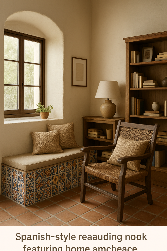 Cozy reading nook with a window, built-in bench, chair, lamp, and bookshelf.