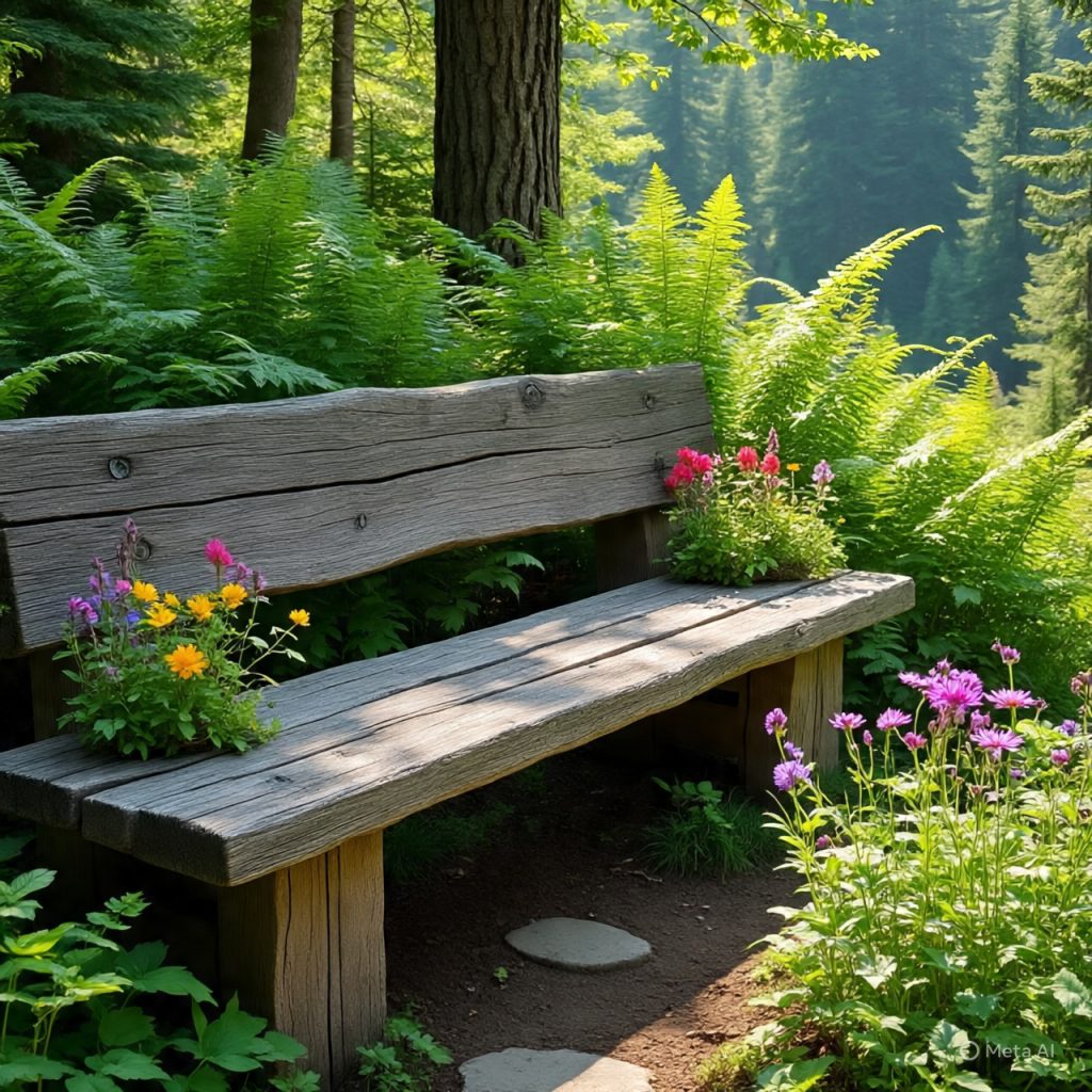 A weathered wooden bench in a vibrant forest, surrounded by lush green ferns and colorful wildflowers.