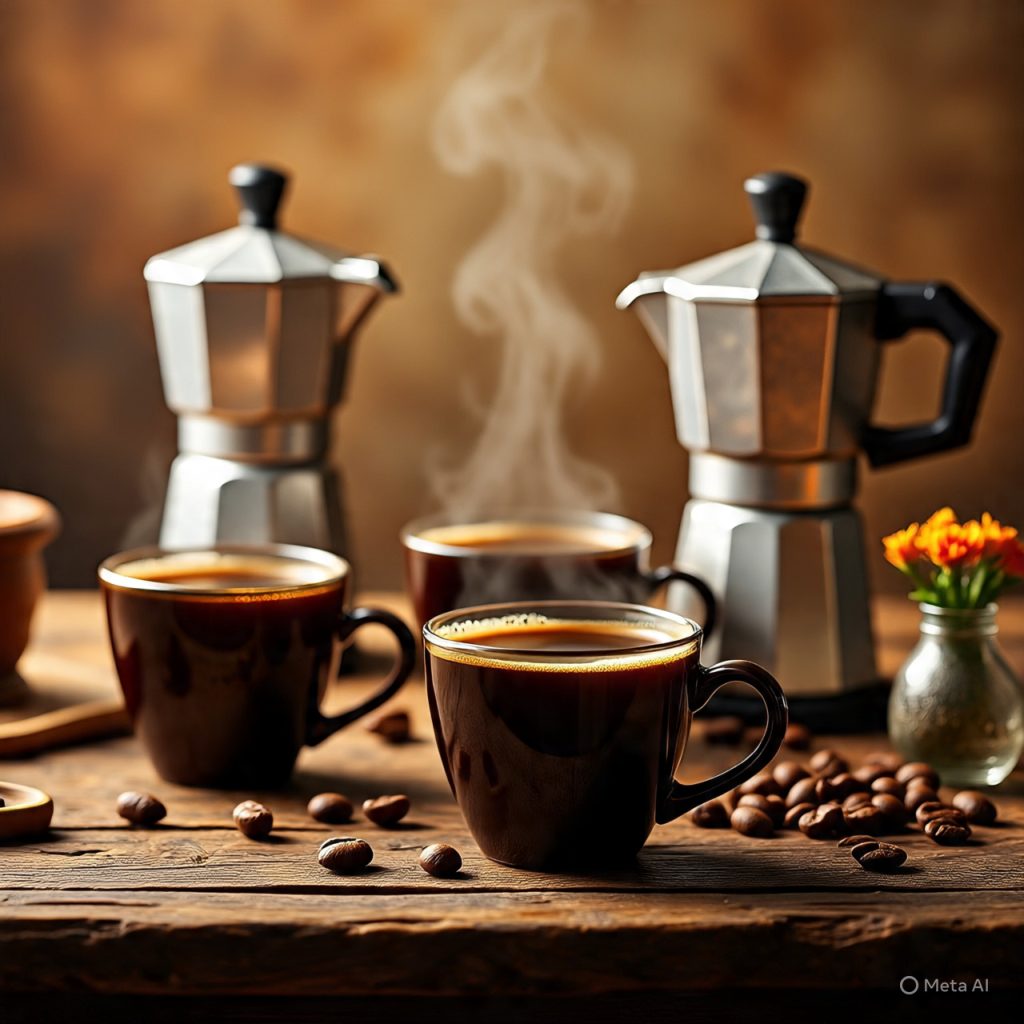 Two steaming cups of coffee and two moka pots on a wooden surface, surrounded by scattered coffee beans.