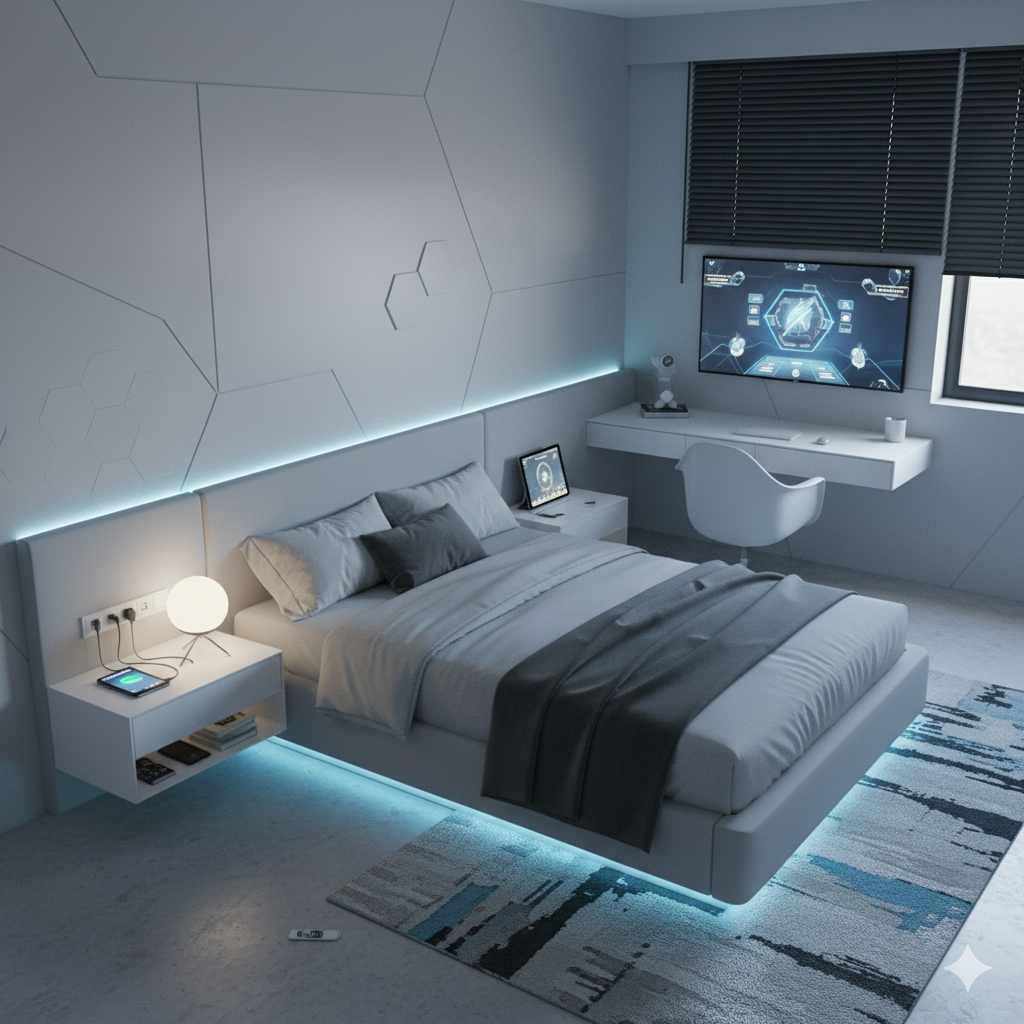 A modern bedroom with a bed featuring integrated LED lighting in the headboard and under the bed, a floating desk with a monitor, and a minimalist aesthetic. 