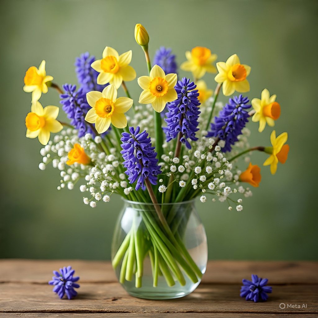 Perfect Flower Arrangements
A bouquet of yellow daffodils, purple grape hyacinths, and white baby's breath flowers. 