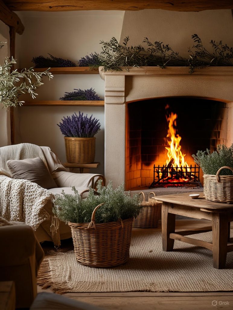 Cozy living room with a lit fireplace, a comfortable armchair, and shelves decorated with lavender and olive branches.