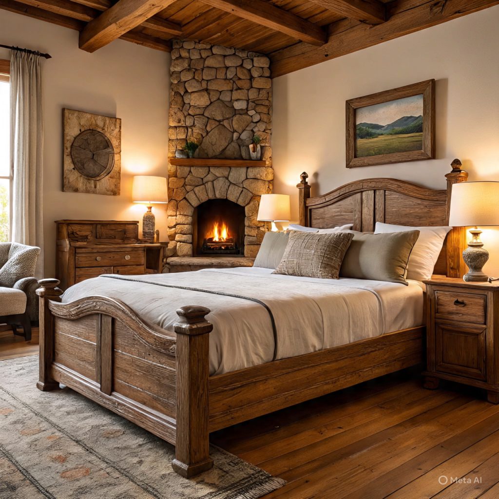 A cozy bedroom featuring a rustic wooden bed, stone fireplace with a lit fire, and warm lighting from bedside lamps.