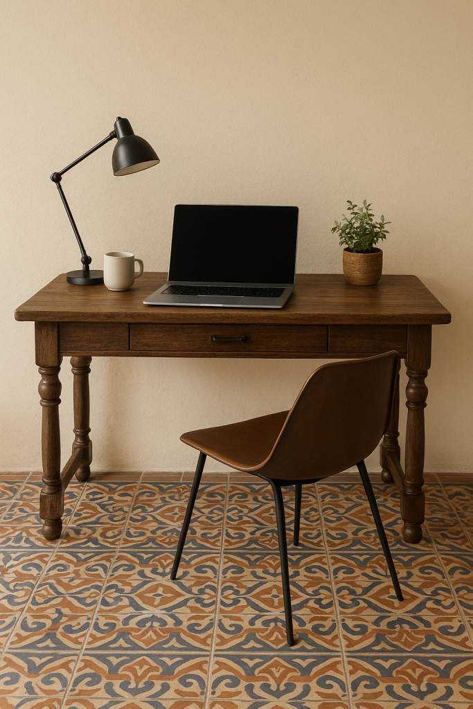 A wooden desk with a laptop, lamp, mug, and plant, with a chair in front of it.