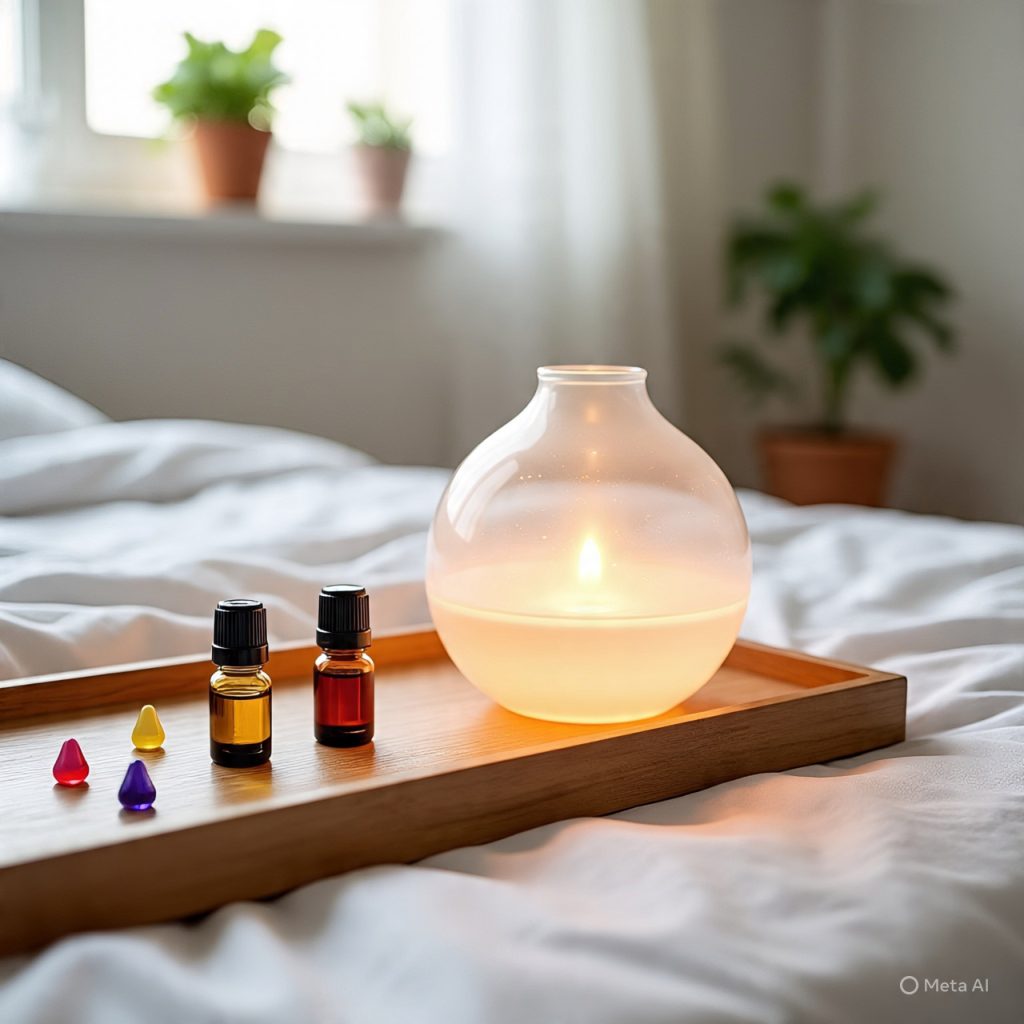 Aromatherapy diffuser with essential oils and colorful wax melts on a wooden tray.
This alt text describes the primary visual elements and context of the image concisely, making it accessible for users who cannot see the image. It includes: