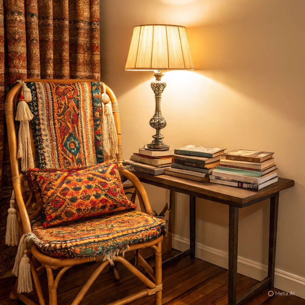 A cozy reading nook with a patterned chair, a lit table lamp, and stacks of books on a wooden table.